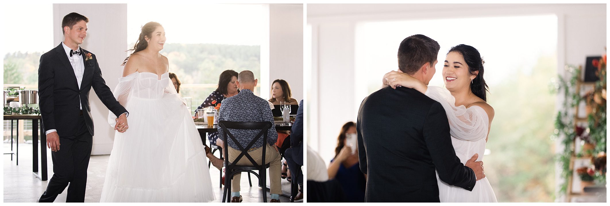 A bride and groom enter a reception and dance. Guests watch from tables, with a scenic view outside.