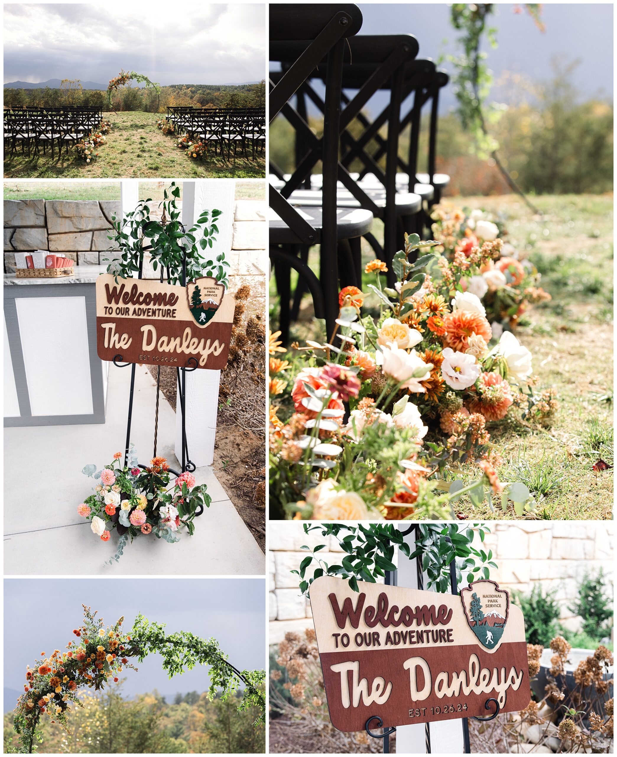 A rustic outdoor wedding setup with black chairs, floral arrangements, and a wooden sign reading "Welcome to Our Adventure, The Danleys, Est. 10.28.23.