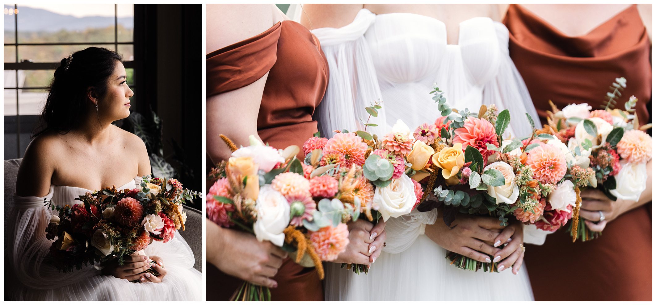 Bride and bridesmaids in white and orange dresses holding bouquets of white, pink, and orange flowers.