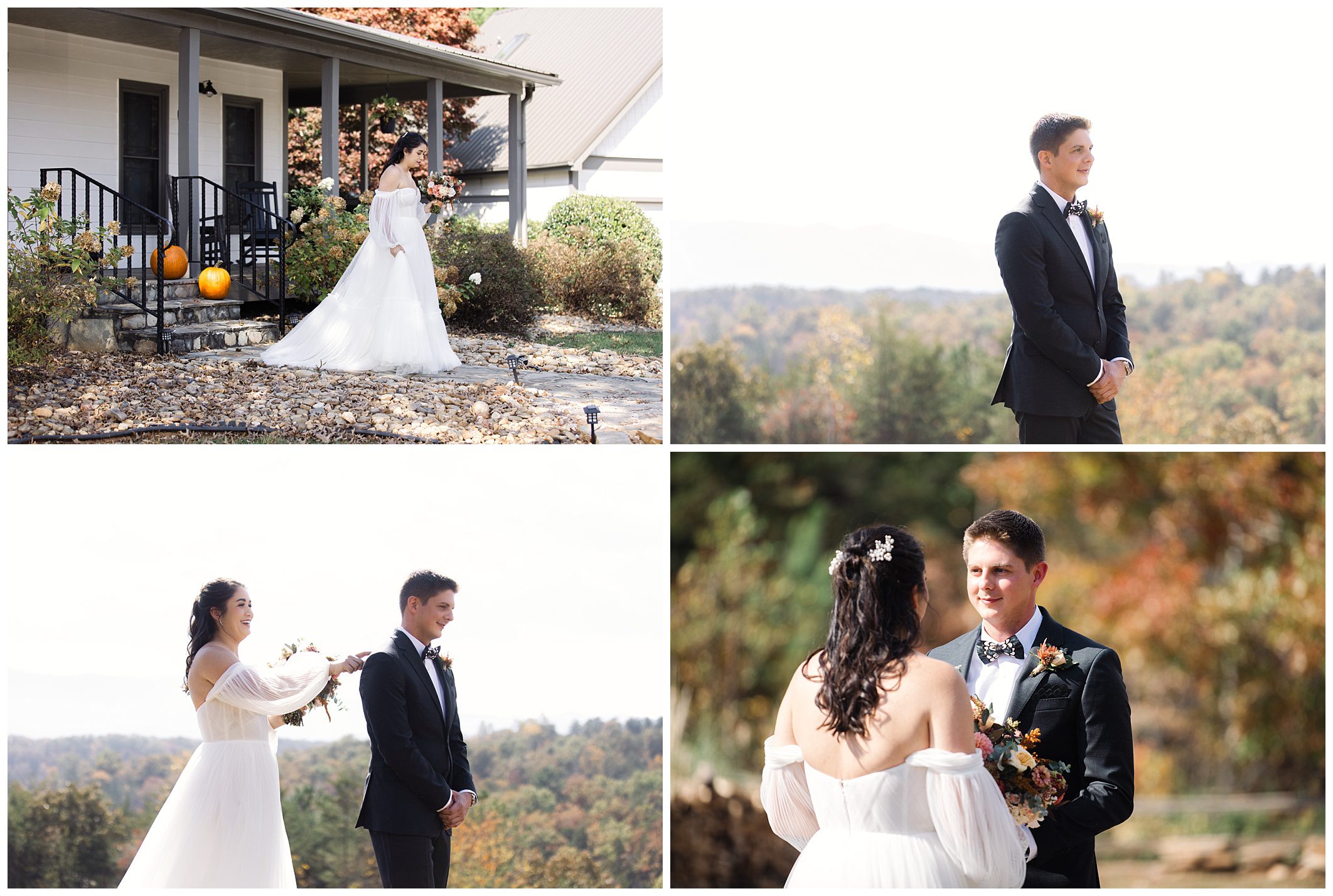 A bride and groom have a wedding ceremony outdoors. The bride walks towards the groom, and they face each other, exchanging smiles in a scenic, sunny setting.