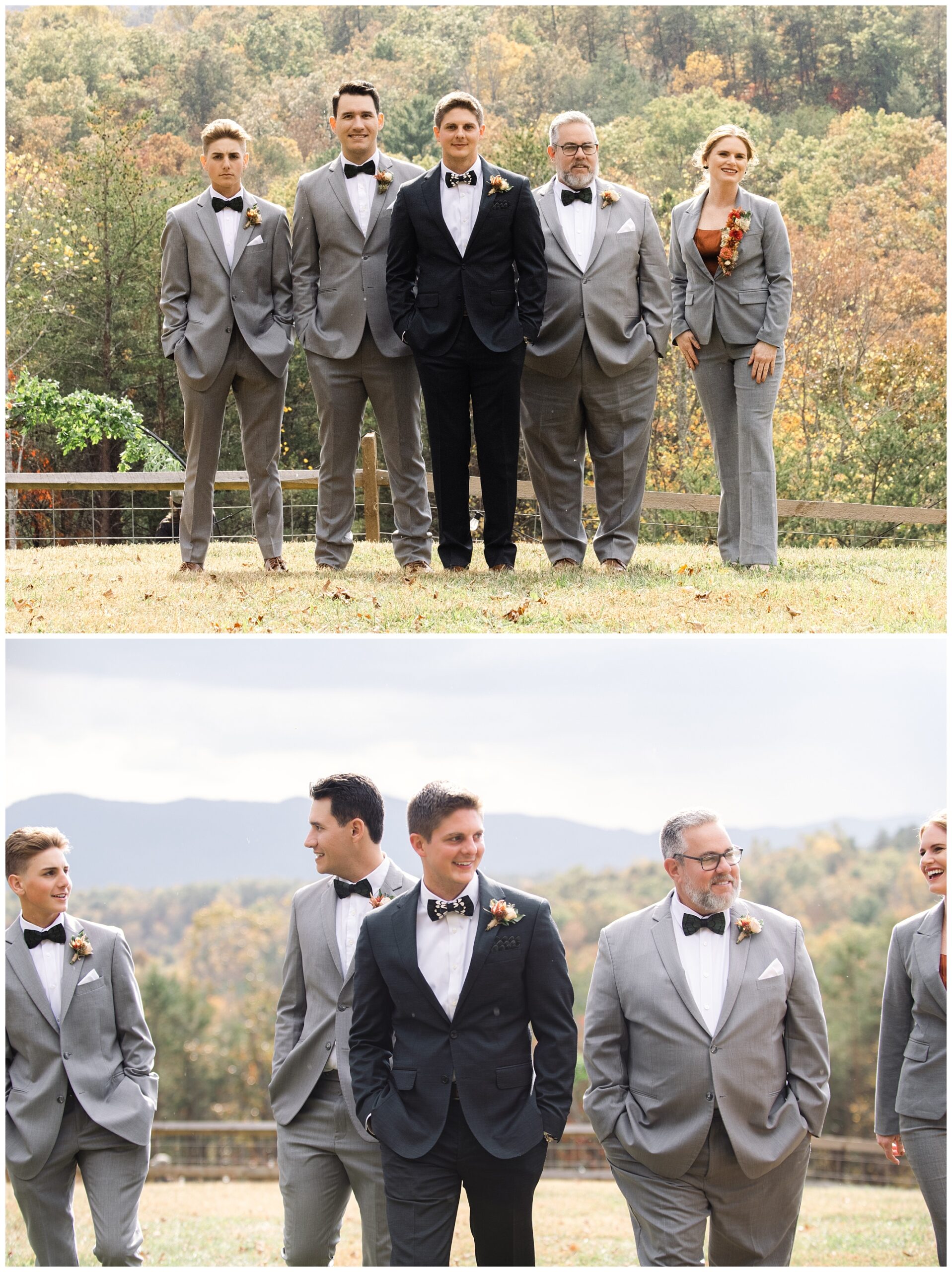 Top image: A group of five men and one woman in formal attire outdoors. Bottom image: The group walks casually, smiling. Forested hills in the background.