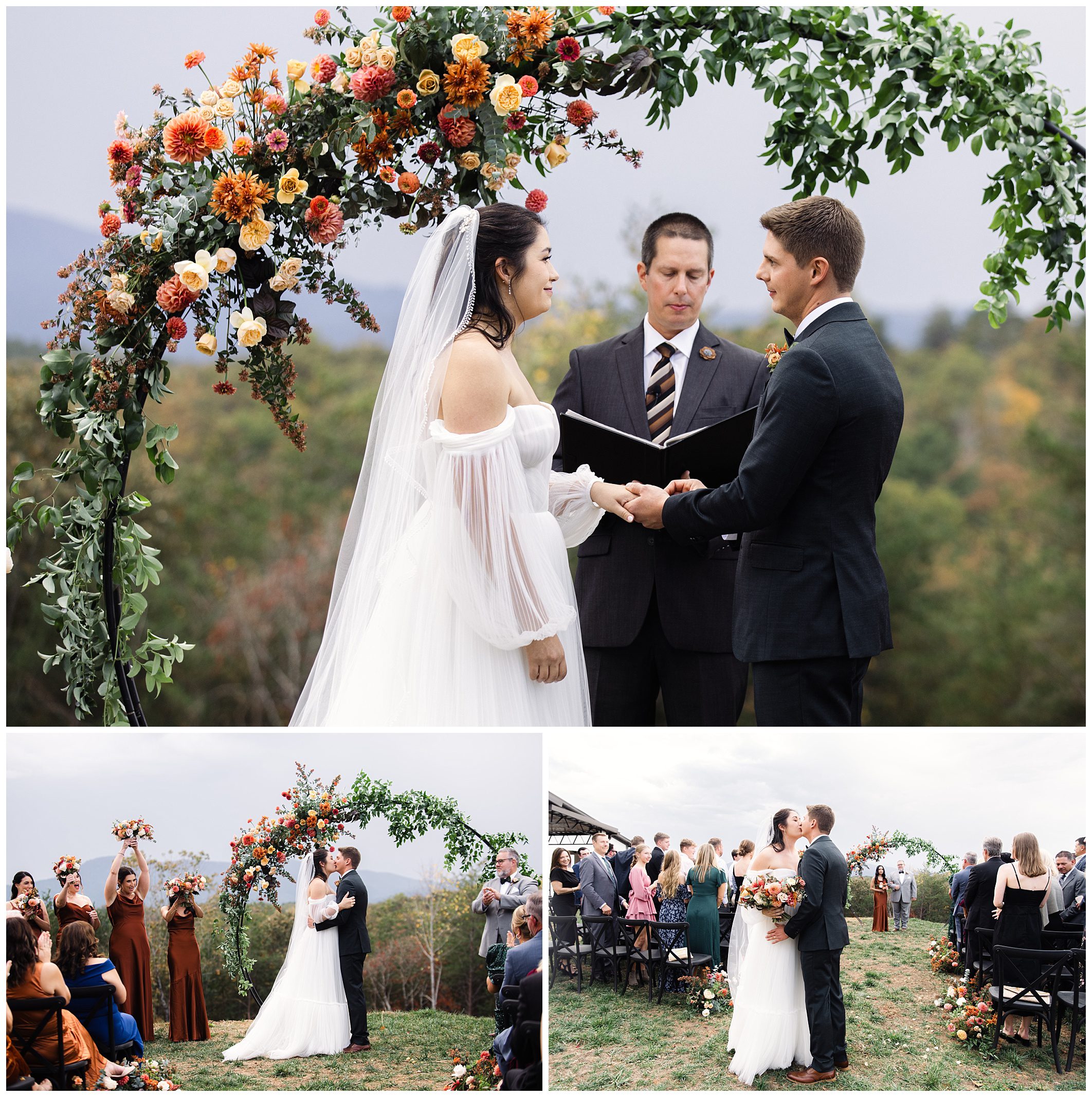 A couple is getting married outdoors under a floral arch, with a wedding officiant and seated guests. The bride wears a white dress and veil, and the groom wears a dark suit.