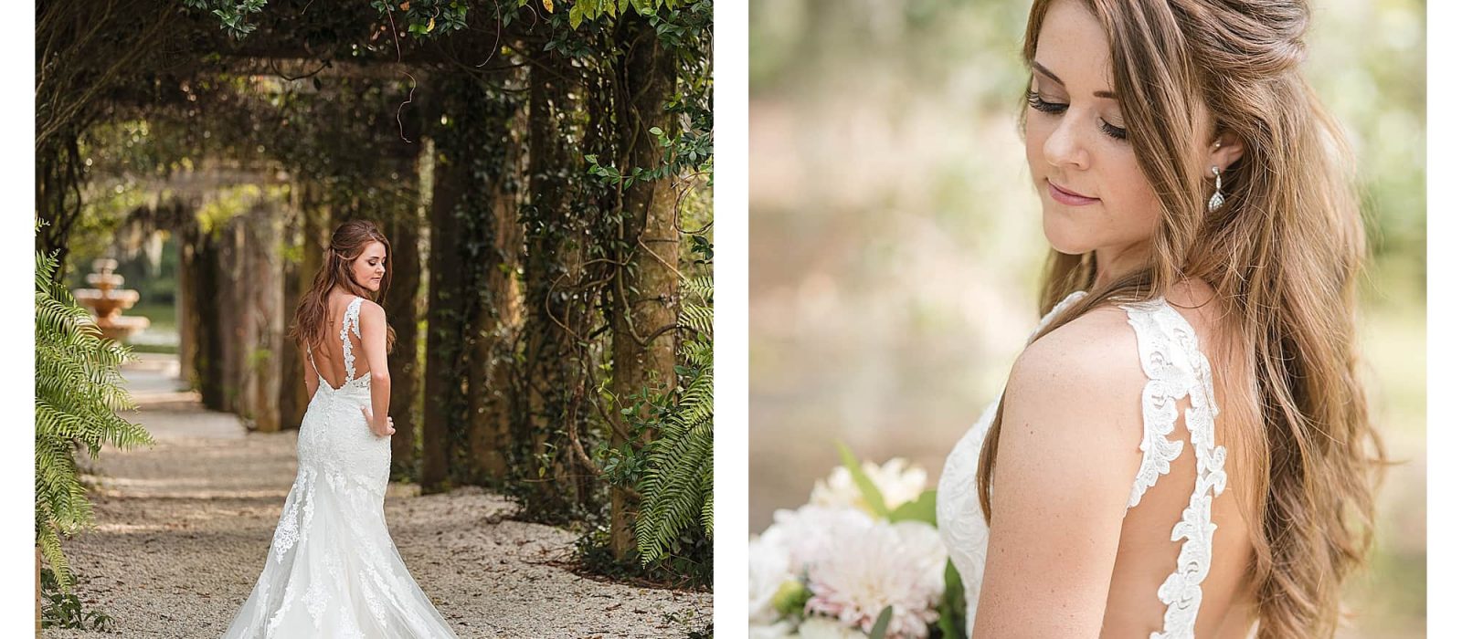Close up of young bride smiling standing on treed pathway holding cream floral bouquet