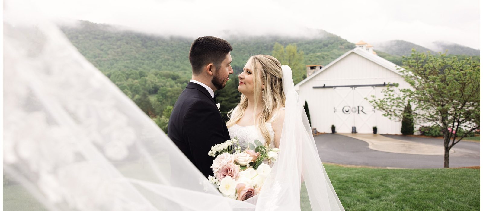 Bride and groom exchanging a loving gaze outdoors with a mountain backdrop at Chestnut Ridge, framed by the bride's flowing veil.